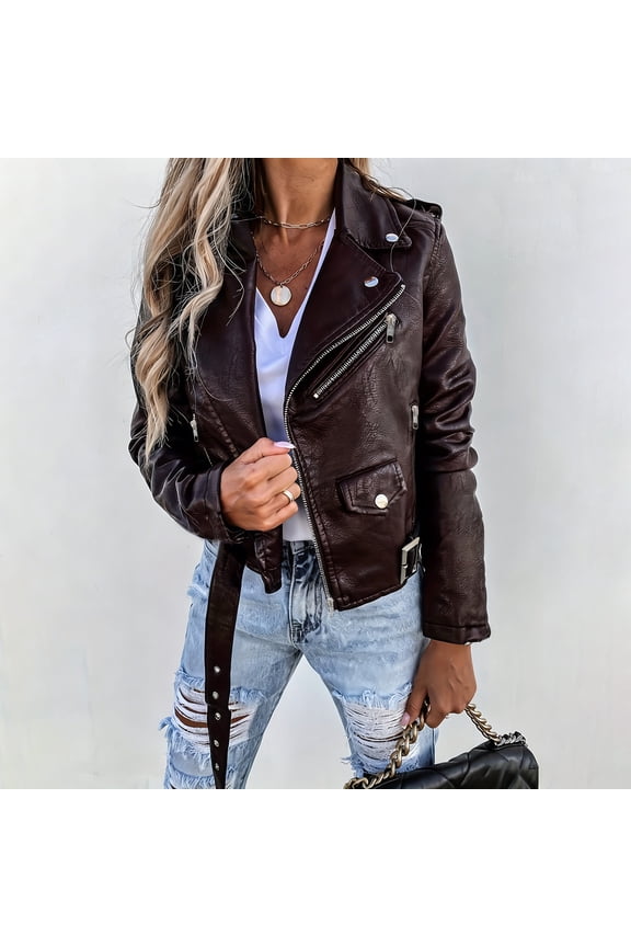Karymi Tops for Women Trendy Faux Leather Moto Biker Jacket, Lapel Collar Asymmetric Zip Up Long Sleeve Belted Cropped Fake Leather Coat, Street Outerwear Jackets for Women