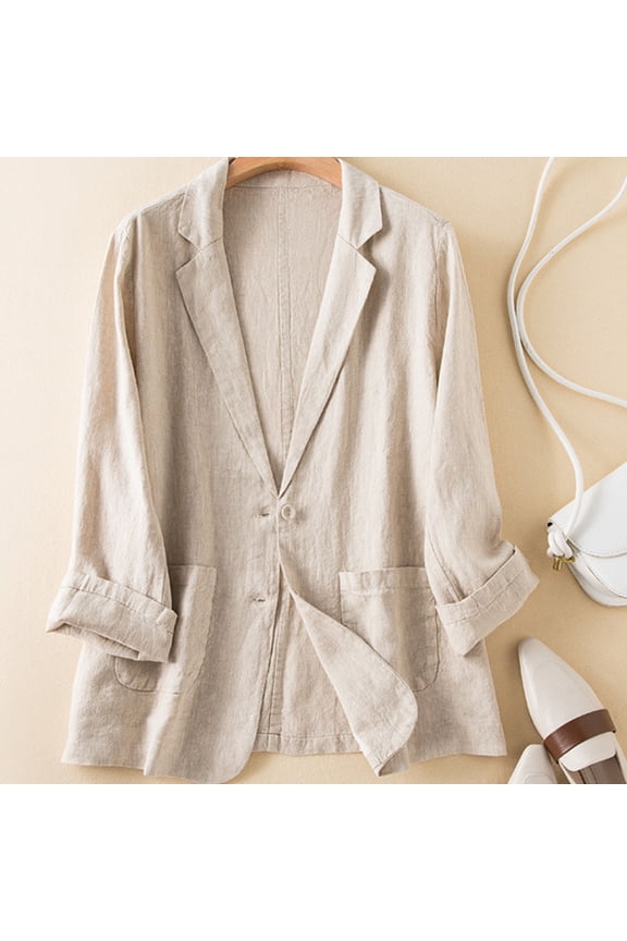 Tops for Women Trendy Linen Blazer Jacket, Lightweight Roll Sleeve Two Button Open Front Suit Coat with Double Pockets for Spring Autumn Womens Summer Tops