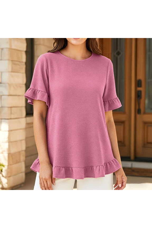 Tops for Women Trendy Solid Knit Shift Top, Crew Neck Ruffle Flounce Short Sleeve Loose A Line Curved Ruffle Hem Pullover Blouse T Shirts for Women