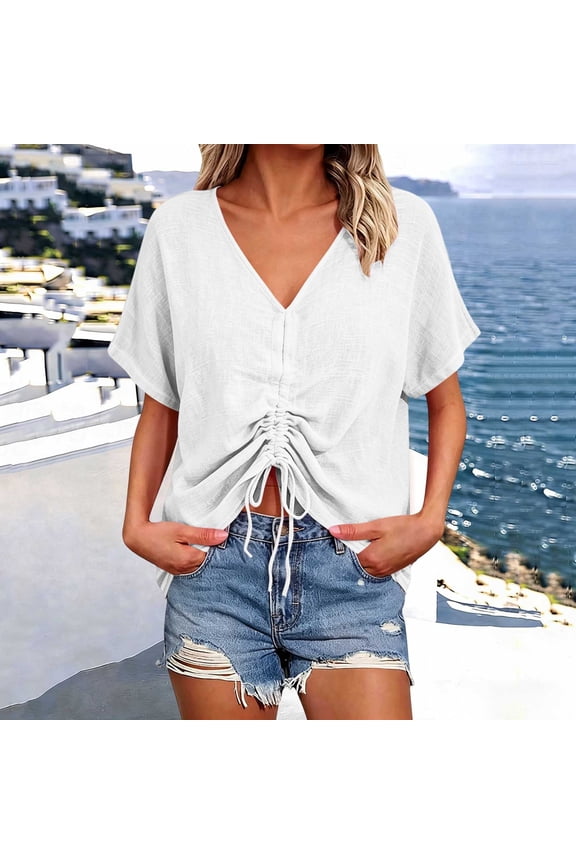 Tops for Women Trendy Solid Linen Drawstring Ruched Blouse, V Neck Dolman Cap Short Sleeve Front Adjustable Tie Crop Pullover Shirt Womens T Shirts