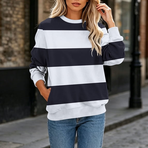Karymi Tops for Women Trendy Two-Tone Wide Horizontal Stripe Crew Neck Sweatshirt, Long Sleeve Non-Hooded Pullover Top, Block Color Sweatshirt with Side Pockets Womens Tops