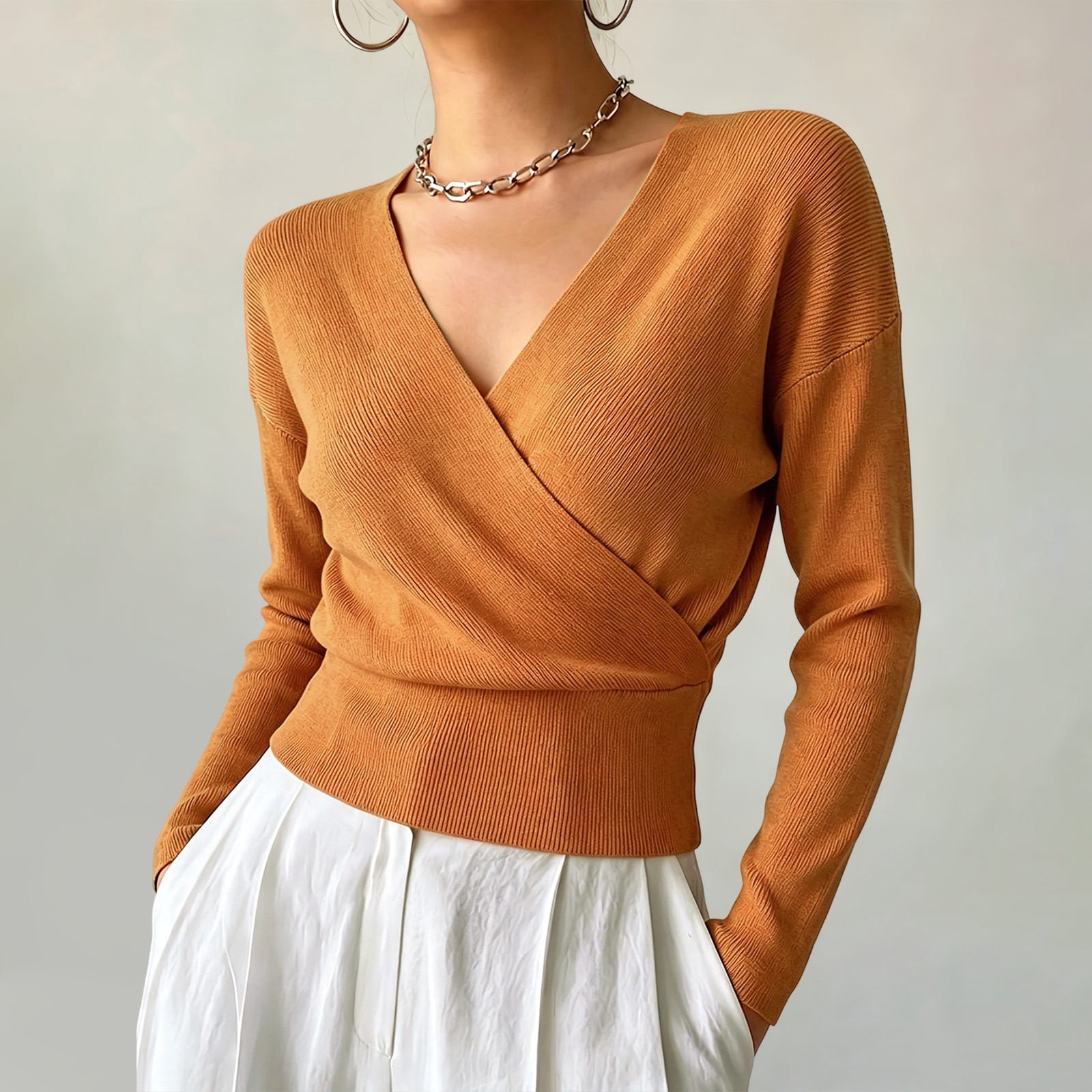 Karymi Tops for Women Trendy Wrap V Neck Waist Cinched Slim Knit