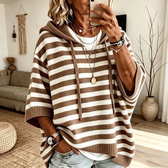 Karymi Tops for Women Trendy Horizontal Striped Knit Hooded Sweater, 3/4 Short Sleeve Loose Drawstring Pullover Top Womens Workout Tops
