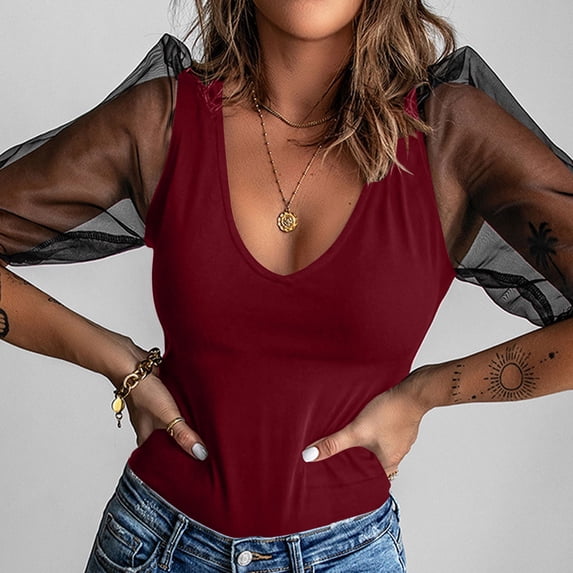 Karymi Tops for Women Trendy Solid V-Neck Sheer Mesh Puff Sleeve Top, Fitted Bodycon Blouse, Casual Party Clubwear Corset Top Shirts for Women