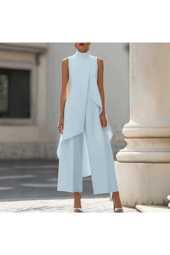 Two Piece Sets for Women 2-Piece Elegant Outfit, Mock Neck Sleeveless Asymmetrical Layered Tunic Top + High Waist Wide Leg Pants, Casual Set Rompers for Women