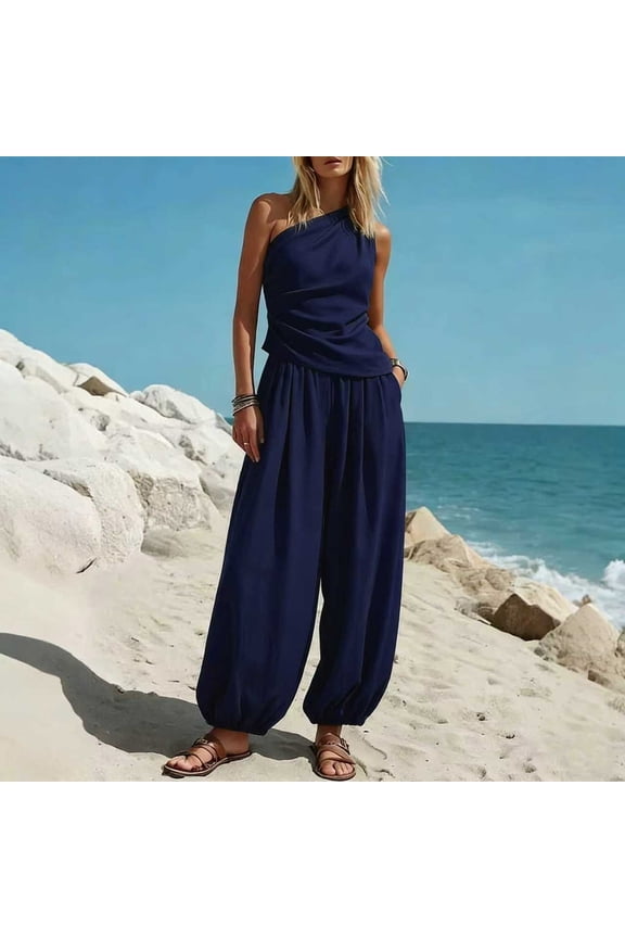 Two Piece Sets for Women 2-Piece Summer Outfit, One Shoulder Ruched Sleeveless Top + High Waist Elastic Cuff Balloon Pants with Pockets, Casual Beach Set Two Piece Sets for Women