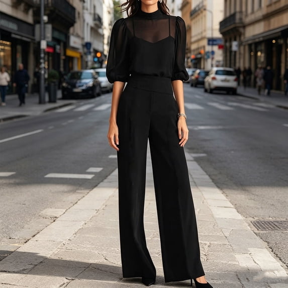 Karymi Two Piece Sets for Women 3-Piece Outfit Set, Sheer Mesh Puff Sleeve Blouse + Camisole Top + High Waist Wide Leg Pants, Elegant Set Rompers for Women