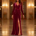 thumbnail image 1 of Karymi Velvet Maxi Evening Gown, Long Sleeve Deep V Neck Front Twist Ruched High Slit Mermaid Formal Party Dress Plus Size Dresses, 1 of 9