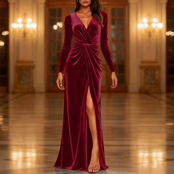 Karymi Velvet Maxi Evening Gown, Long Sleeve Deep V Neck Front Twist Ruched High Slit Mermaid Formal Party Dress Plus Size Dresses
