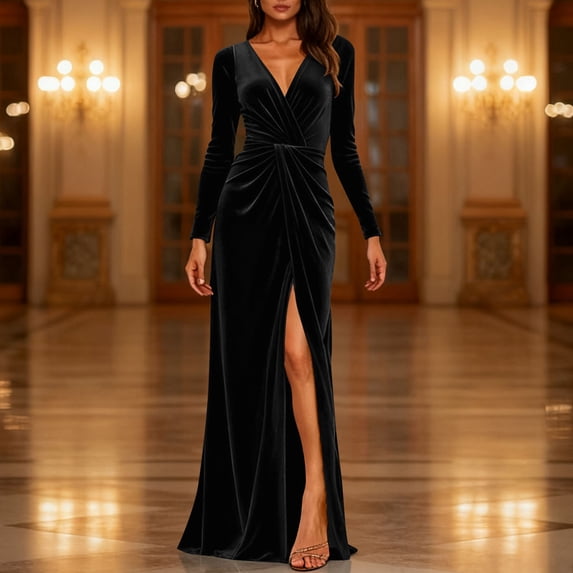 Karymi Velvet Maxi Evening Gown, Long Sleeve Deep V Neck Front Twist Ruched High Slit Mermaid Formal Party Dress Spring Dresses