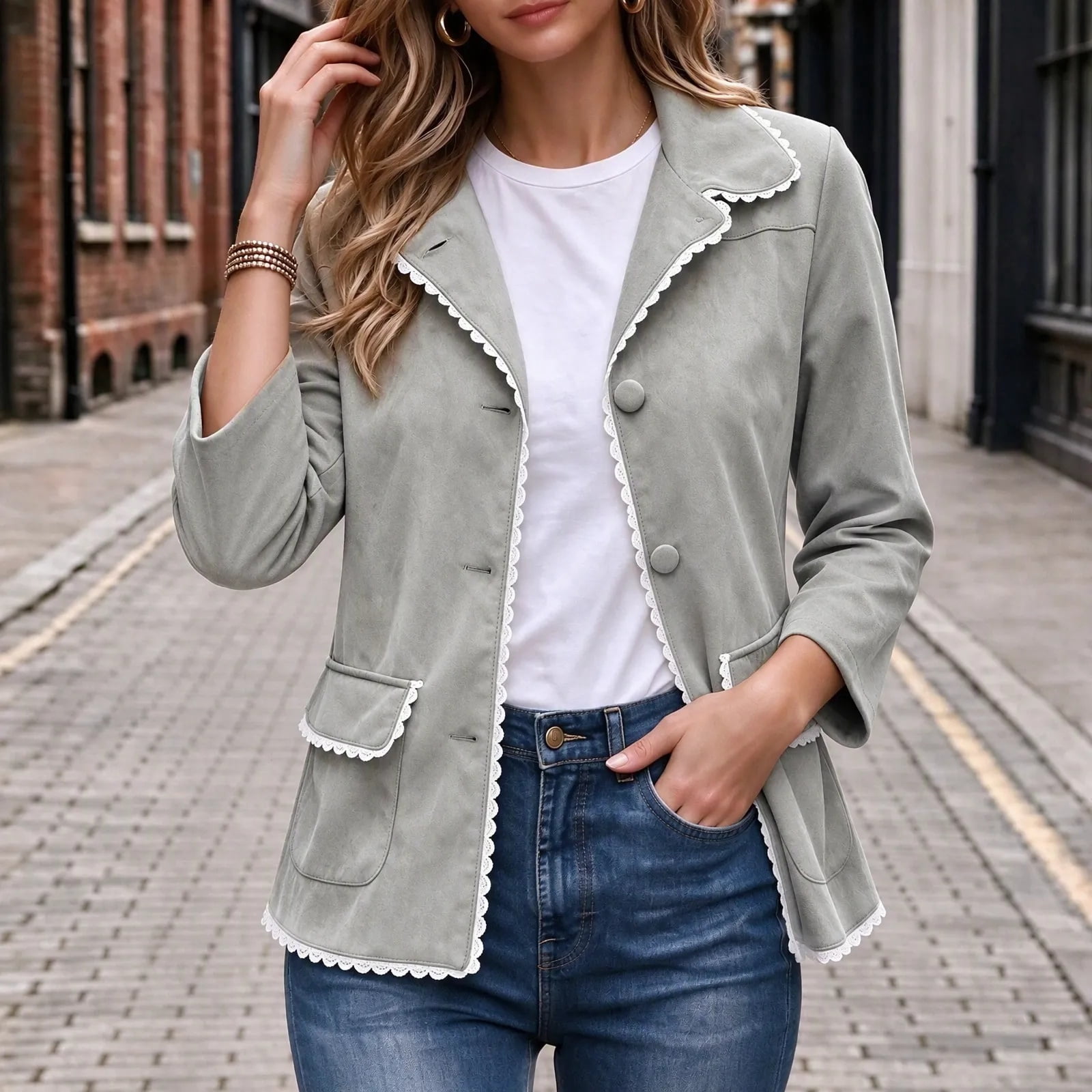 Karymi Vintage Lace Trim Lapel Jackets for Women, Solid Long Sleeve ...