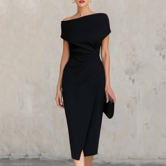 Karymi Wedding Guest Dresses for Women One Shoulder Ruched Midi Dress, Elegant Solid Asymmetrical Neckline Bodycon Dress with Slit, Formal Cocktail & Office Party Maxi Dress