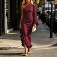 thumbnail image 1 of Karymi Wedding Guest Dresses for Women Satin One Shoulder Long Dress, Single Flare Ruffle Sleeve Waist Ruched Asymmetrical Split Ruffle Hem Wedding Evening Cocktail Gown Summer Dress, 1 of 7