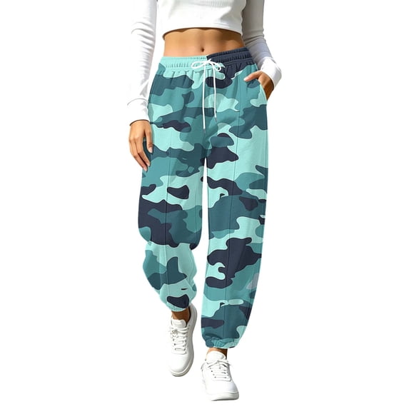 Karymi Wide Leg Pants Woman Camo Printed Joggers, Elastic Drawstring Waist Sweatpants with Hand Pockets, Elastic Cuffed Ankle Daily Sports Pants