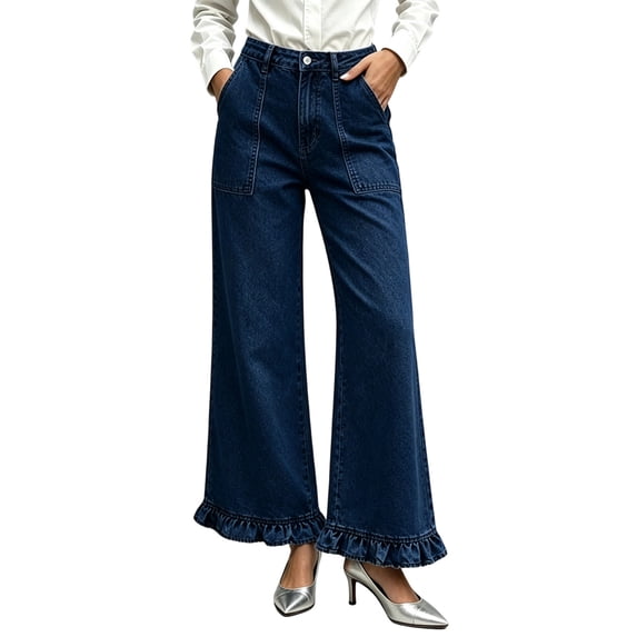 Karymi Wide Leg Pants Woman High Waist Flared Jeans, Ruffle Hem Wide Leg Denim Pants with Big Patch Pockets
