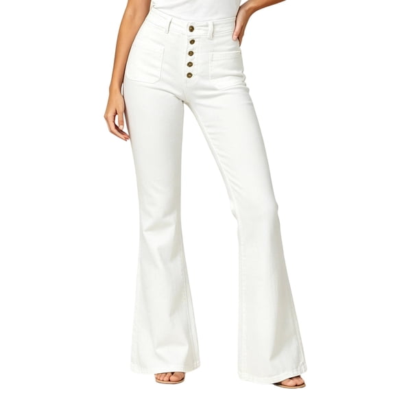 Karymi Wide Leg Pants Woman High Waist Multi Button Flare Jeans, Button Fly Belt Loops Full Length Bootcut Denim Trousers, Square Patch Front Pockets Workout Shorts Women