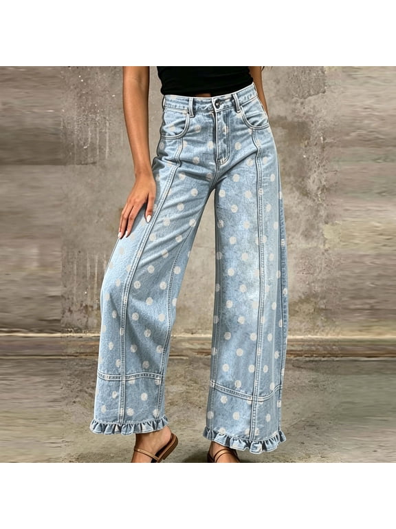 Wide Leg Pants Woman High Waist Polka Dot Print, Seam Stitching Ruffle Hem Denim Trousers with Pockets, Casual Long Jeans for Women
