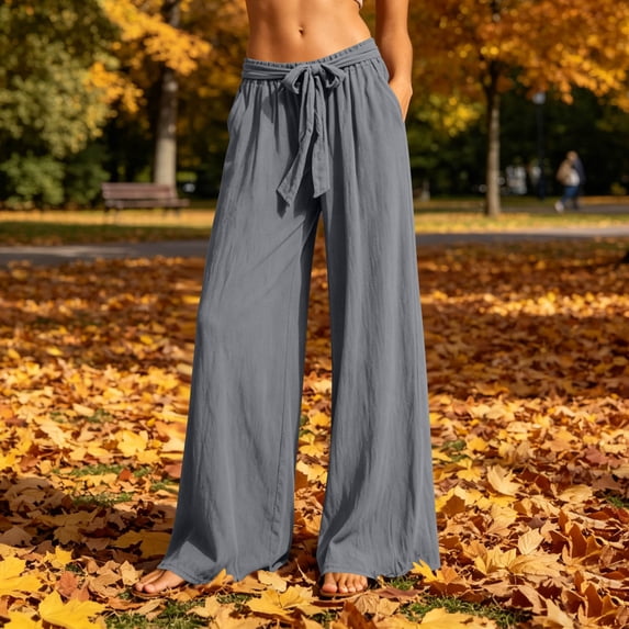 Karymi Wide Leg Pants Woman Linen Blend Wide Leg Pants, Elastic Drawstring Waist Casual Loose Trousers with Pockets, Solid Lightweight Flowy Pants Jeans for Women