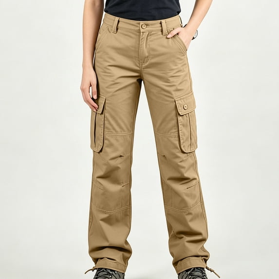 Karymi Wide Leg Pants Woman Solid Straight Leg Cargo Pants, Multi Pockets Outdoor Hiking Casual Drawstring Cuff Work Long Trousers