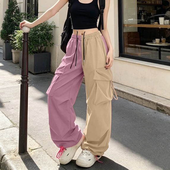 Karymi Wide Leg Pants Woman Two-Tone Color Block Cargo Pants, Elastic Drawstring High Waist Multi Pockets Adjustable Cuff Baggy Wide Leg Streetwear Trousers