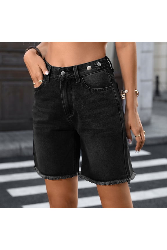 Women Clothing Adjustable Waist Frayed Hem Denim Bermuda Shorts, High Rise Straight Leg Raw Edge Jean Shorts, Casual Vintage Denim Shorts Summer Outfits