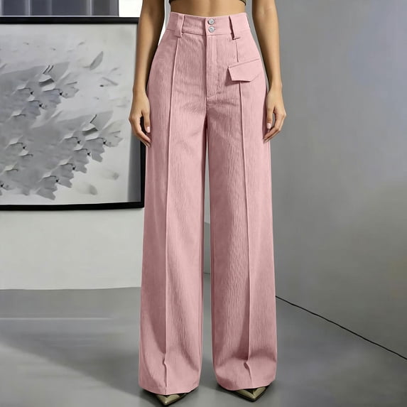 Karymi Women Clothing Pleated Wide Leg Suit Pants, Double Button High Waist Full Length Draped Trousers, Decorative Flap Pocket Pants for Women