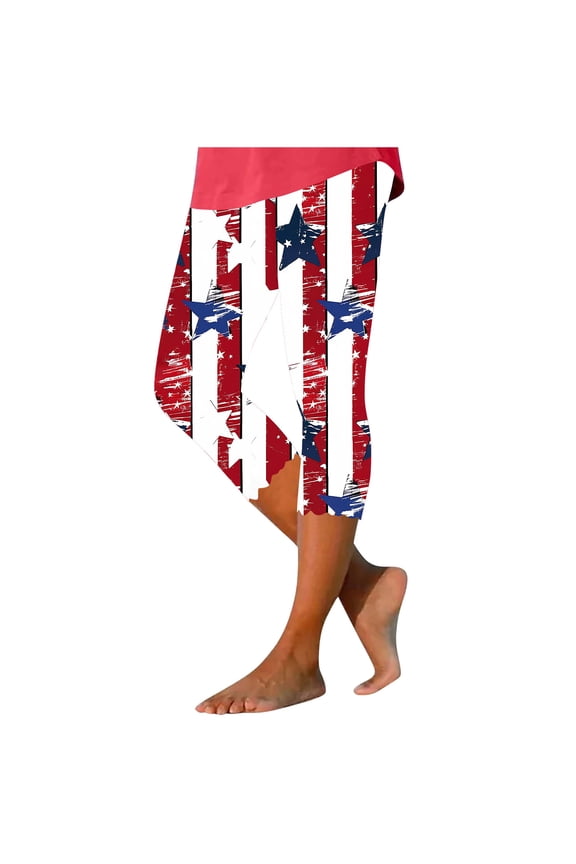 Women Pants Trendy Slim-Leg Star Print Cropped Casual Lightweight Cropped Pants Independence Day High Waisted Trousers Lounge Leggings Pull-On Women Pants