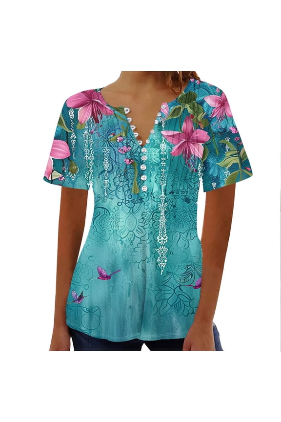 Women Tops Fashion V Neck Button Shirts Leisure Short Sleeve Flower Print Blouse Tunic Quick Dry Pullover Summer Tops for Women