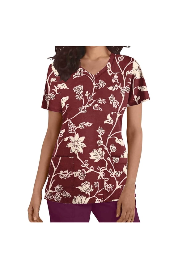 Women Tops Modern Classic V Neck Scrub Tops Lightweight Short Sleeve Uniform Fashion Flower Print Tunic Pullover with Pockets