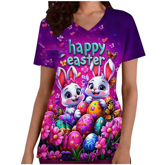 Karymi Women's Blouse Easter Retro Rabbit Print Scrub Tops Tunic Short Sleeve Blouse V Neck Quick Dry Pullover Going out Tops with Pockets