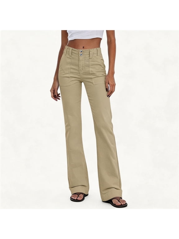Women's Clothing Solid Double Button High Waist Micro Flare Pants, Front Patch Pocket Stretch Long Trousers, Casual Daily Cargo Bootcut Pants Summer Outfits