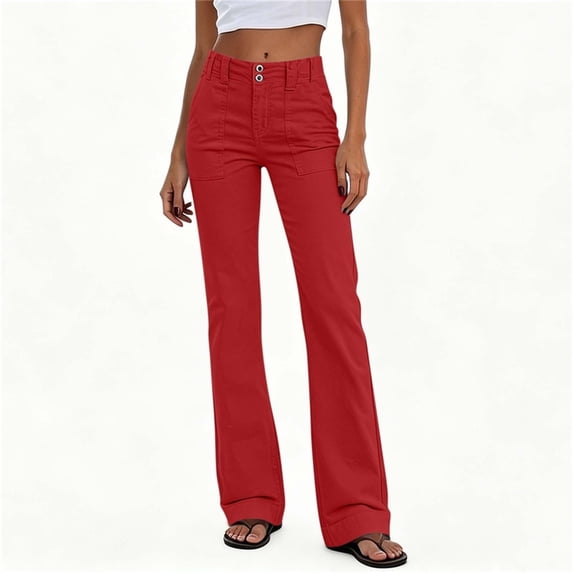 Karymi Women's Clothing Solid Double Button High Waist Micro Flare Pants, Front Patch Pocket Stretch Long Trousers, Casual Daily Cargo Bootcut Pants Workout Shorts Women