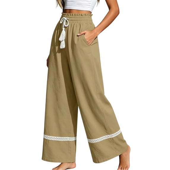 Karymi Women's Pants Bohemian Ruffle Elastic High Waist Tassel Drawstring Wide Leg Pants, Solid Crochet Lace Trim Hem Long Trousers with Side Pockets Women's Shorts
