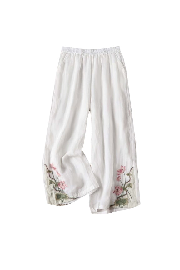 Women's Pants Casual Wide-Leg Flower Print Long Knitting Cotton Fabric Soft Palazzo Pants Fashion Embroidery Culottes Trousers with Pockets 2026