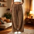 thumbnail image 1 of Karymi Women's Pants Solid Plush Fuzzy Wide Leg Pants, Elastic Waist Decorative Button Front Warm Fluffy Long Trousers, 1 of 5