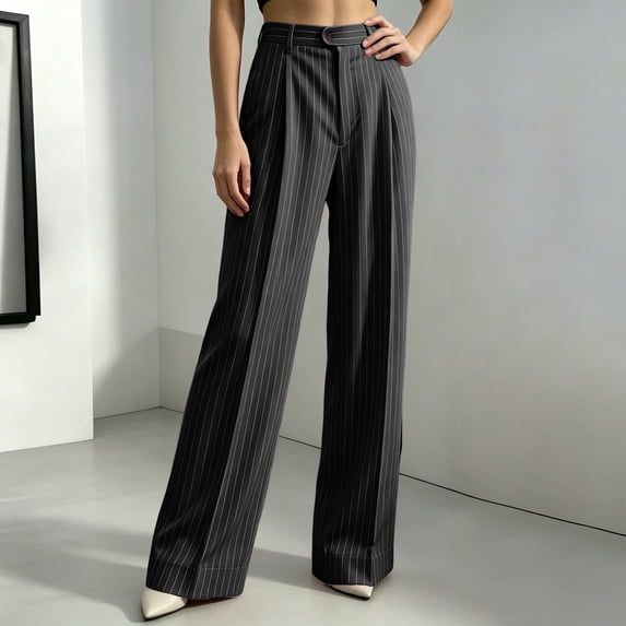 Karymi Women's Pants, Solid Vertical Striped Straight Leg Suit Pants, High Waist Pleated Trousers, Business Casual Office Dress Pants