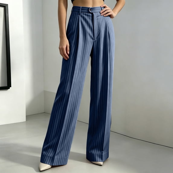 Karymi Women's Pants, Solid Vertical Striped Straight Leg Suit Pants, High Waist Pleated Trousers, Business Casual Office Dress Pants