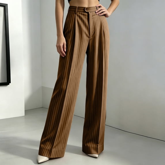Karymi Women's Pants, Solid Vertical Striped Straight Leg Suit Pants, High Waist Pleated Trousers, Business Casual Office Dress Pants