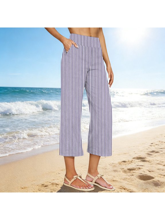 Women's Pants Vertical Striped Linen Blend High Waist Front Horizontal Stitch Relaxed Wide Leg Cropped Capri Pants with Side Pockets Sweatpants Women