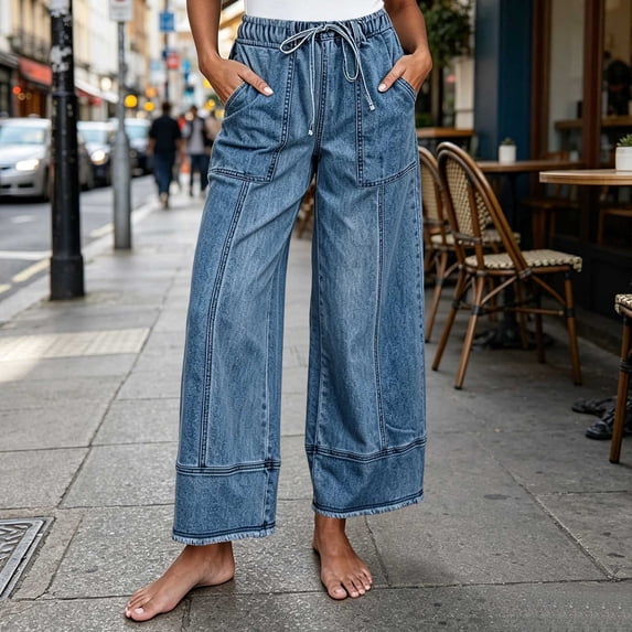 Karymi Women's Shorts Elastic Drawstring High Waist Wide Leg Denim Pants, Stitch Patchwork Frayed Hem Casual Jeans with Big Side Patch Pockets Jeans for Women