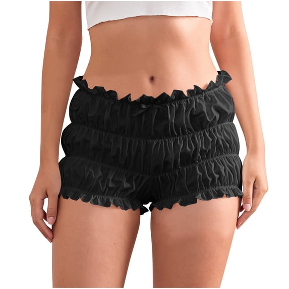 Karymi Women's Shorts High Waisted Ruffled Bloomers Shorts, Cute Tiered Ruffle Elastic Waist Bubble Shorts with Bow, Solid Y2K Style Satin Shorts Jean Shorts