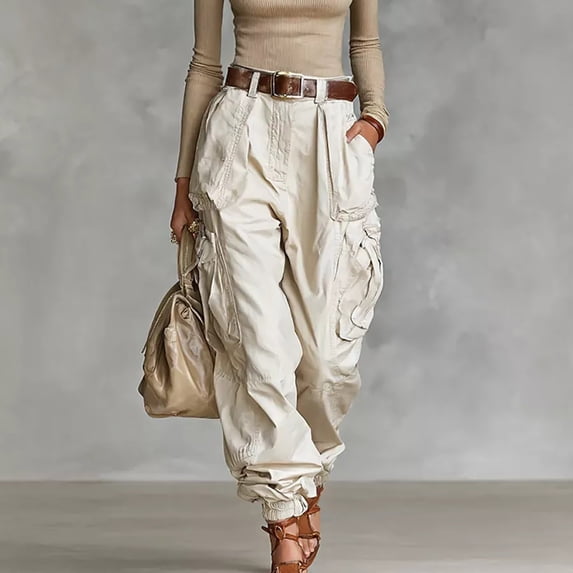 Karymi Women's Shorts Pleated Cargo Jogger Pants, Solid Wide Leg Long Trousers, Multi Large Flap Side Pockets, Elastic Cuffed Ankle Hem (Belt Not Included) Women's Clothing