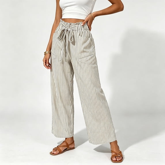 Karymi Women's Shorts Vertical Striped Long Wide Leg Pants, Ruffled Elastic Drawstring High Waist Trousers with Casual Patch Pocket Athletic Shorts for Women