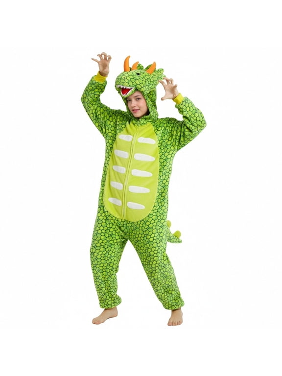Women's Sleepwear Animal Onesie Pajamas for Adults, Flannel Hooded Jumpsuit with Scale Pattern, Horns and Tail, Full Zip Closure, Theme Party & Indoor Loungewear