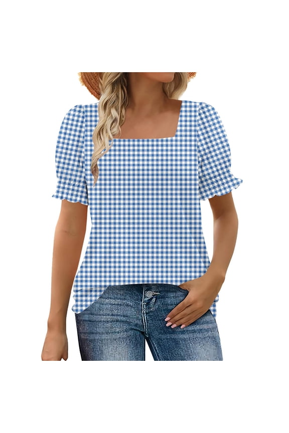 Women's Tops Leisure Short Flutter Sleeve Tops Square Neck Tunic Shirts Plaid Pattern Quick Dry Tee Shirts Going out Summer Tops