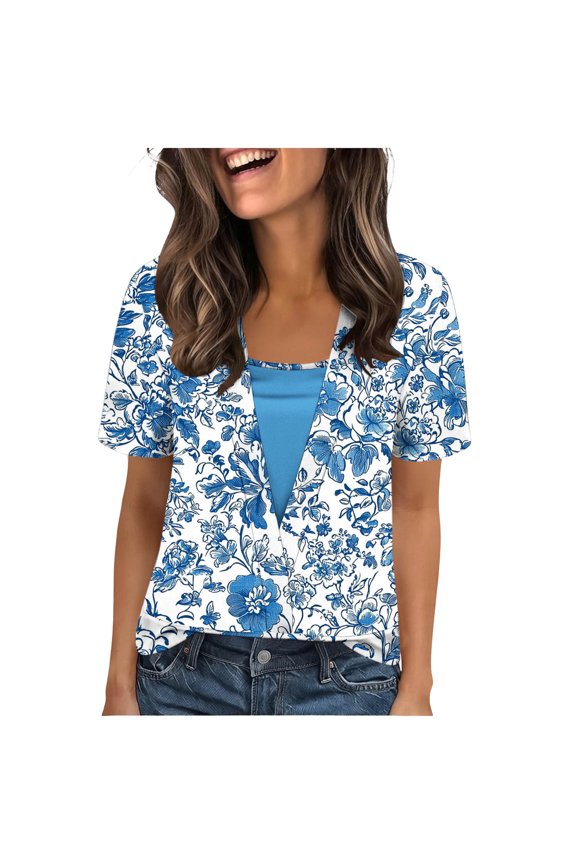 Women's Tops Leisure Short Sleeve Tops Square Neck Regular Fit Shirts Floral Pattern Quick Dry Tee Shirts Going out Summer Tops