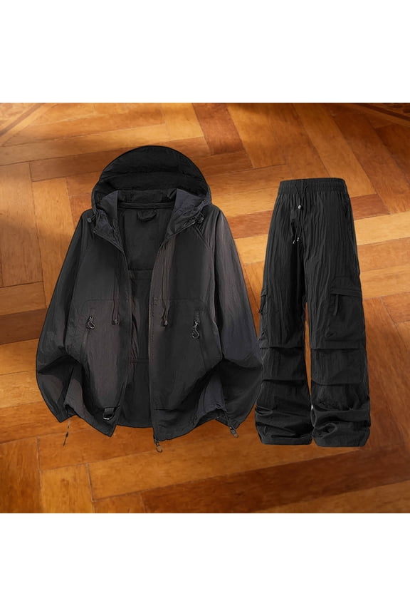 Womens Blouses 2 Piece Cargo Tracksuit Set, Hooded Long Sleeve Zip Up Windbreaker Jacket +Drawstring Waist Pants with Adjustable Drawstring Cuff Hem Two Piece Sets for Women