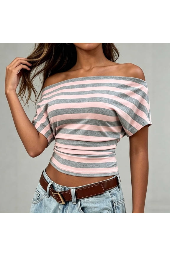 Womens Blouses Horizontal Striped Crop T-Shirt, Off Shoulder Bardot Short Sleeve Ruched Side Wrap Slim Fit Pullover Top, Casual Cropped Tee Short Sleeve Shirts for Women