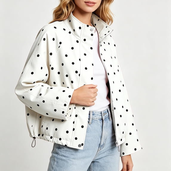 Karymi Womens Tops Polka Dot Cropped Wind Jacket, Stand Collar Zip & Snap Button Long Sleeve Casual Outerwear with Adjustable Drawstring Hem