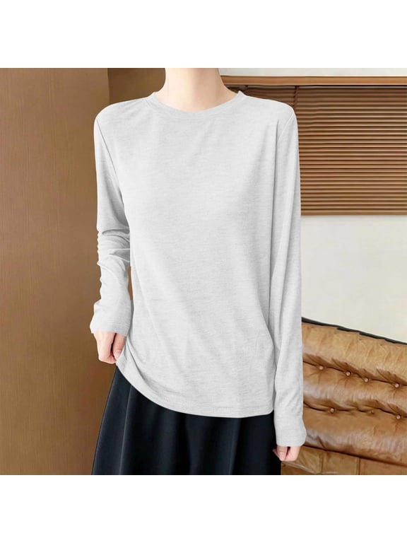 Womens Blouses Solid Crew Neck Long Sleeve Sun Protection Top, Thin Lightweight Casual Layering Tee, Stretchy Loose Fit Sheer Pullover Shirts Tops for Women Trendy